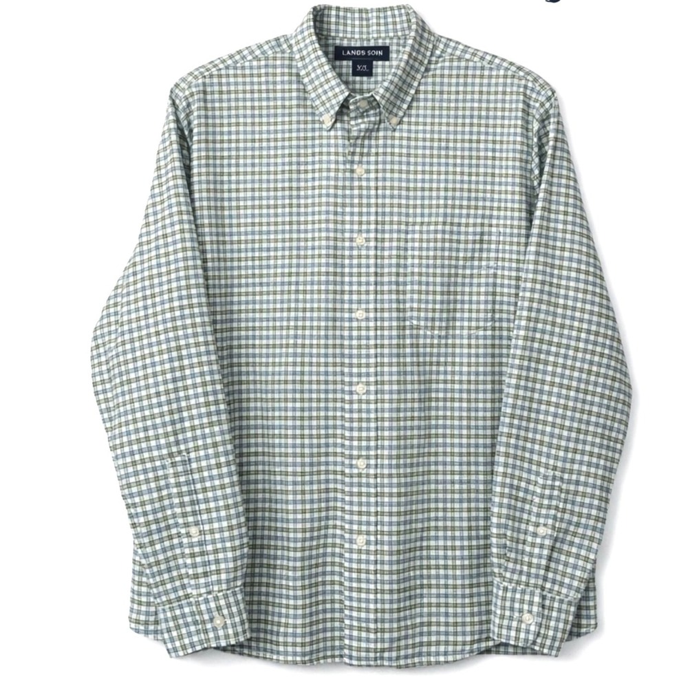 Lands' End Button Front Shirt Men's XL 17–17.5 Green Blue White Check Classic